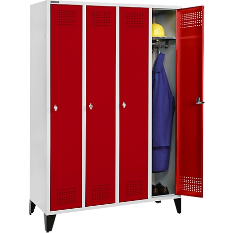 A red locker with three doors. One door is open showing clothes and a helmet.