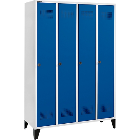 Four blue cabinet doors with ventilation holes, surrounded by a white frame, stand on black legs.