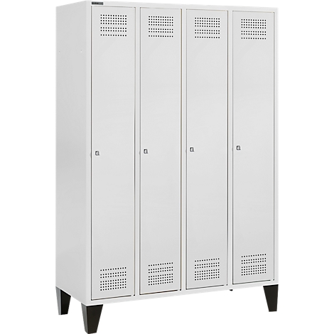 White four-door cabinet with perforations at the top and bottom. Black legs, gray handles.