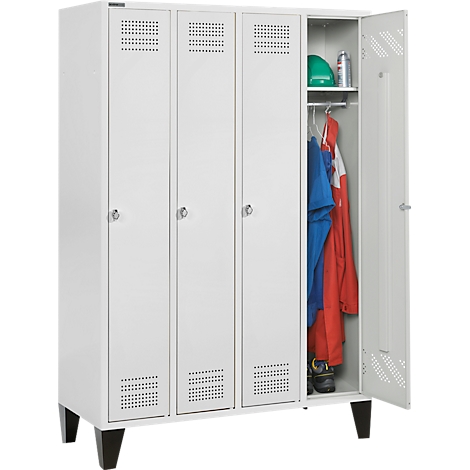 A white locker with three doors. One door is open, showing clothes, a cap and a helmet.