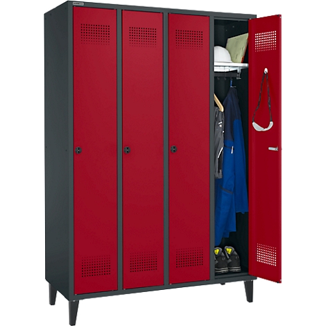 Red locker with three closed doors and one open door showing clothes and equipment.