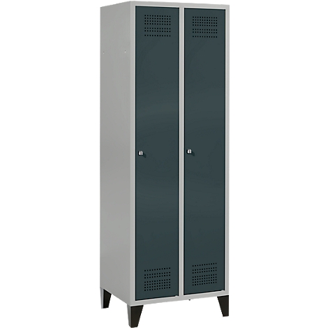 Gray locker with two doors, dark door colors and ventilation slots. Black feet.