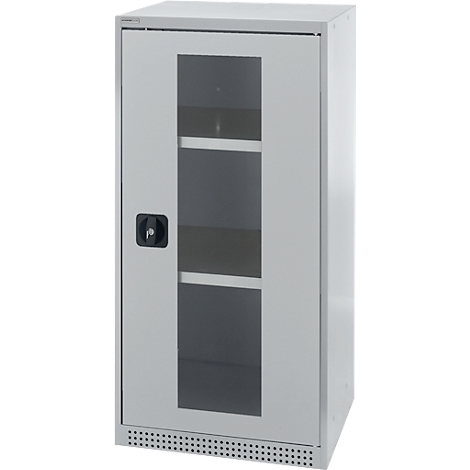 Grey cabinet with glass front and three shelves, black handle with lock.