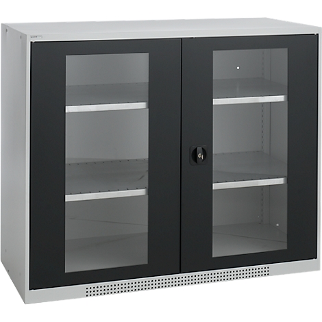 A white-gray cabinet with two glass doors and black frames. Shelves are visible behind. A handle is in the middle.