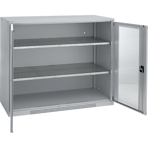 Gray metal cabinet with 3 shelves, open door, visible contents.