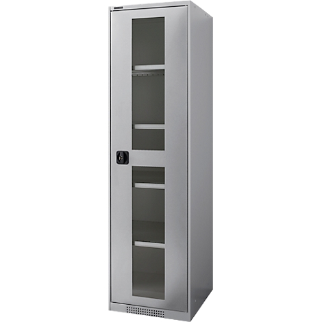 Grey cabinet with glass door and three shelves. Black door handle.