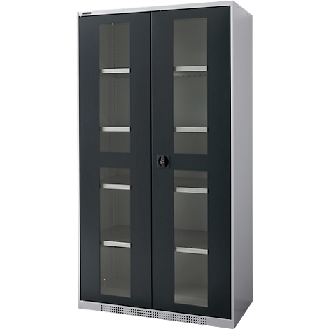 Dark grey office cabinet with glass front, two doors, handle and shelves.