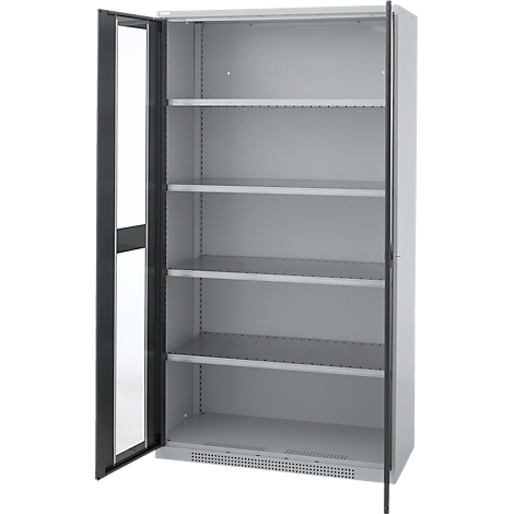 Grey steel cabinet with opened door, shelves behind.