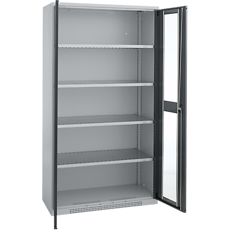Open grey cabinet with glass and five shelves.