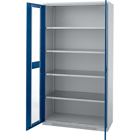 Open steel cabinet with white shelves and blue doors.