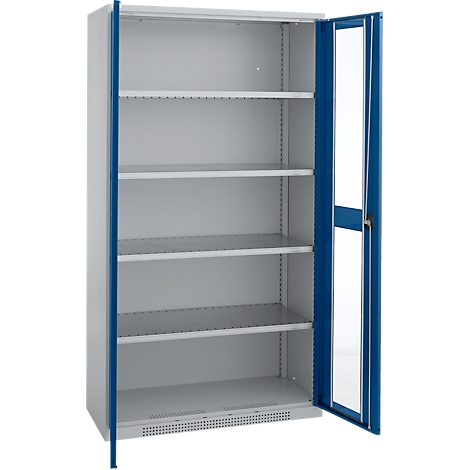 Open, grey steel cabinet with blue frames and shelves. The left door is fully open.