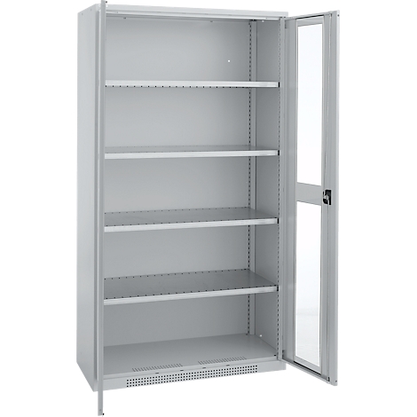 Grey metal cabinet, door open. Interior shelves, empty.