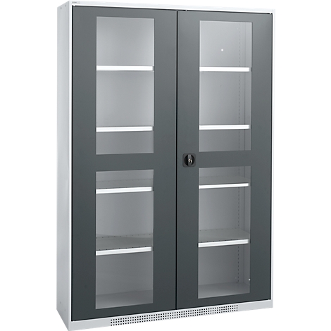 Gray filing cabinet with glass elements and white shelves.