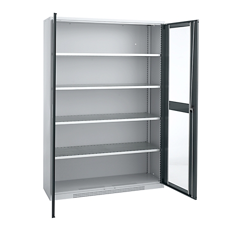 Cabinet with four shelves, one door is open. Grey color. Glass in the door.