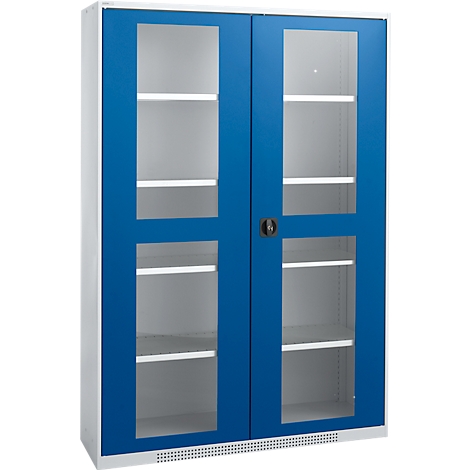 Blue filing cabinet with glass doors, shelves behind. Black handle. White frame.