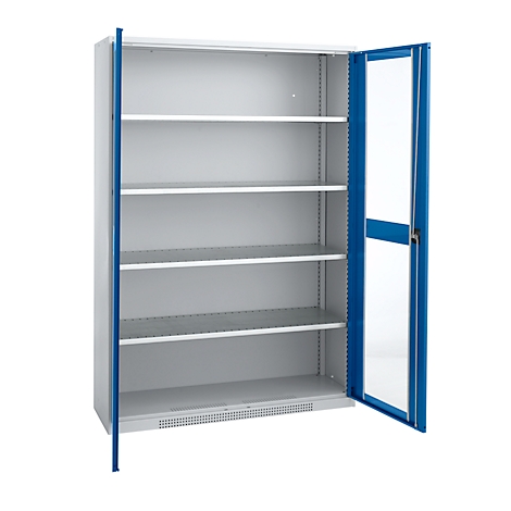 Cabinet with open doors, blue framed, interior shelves.