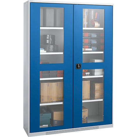 Blue cabinet with glass front, filled with tools and boxes. Black handle, white frame.
