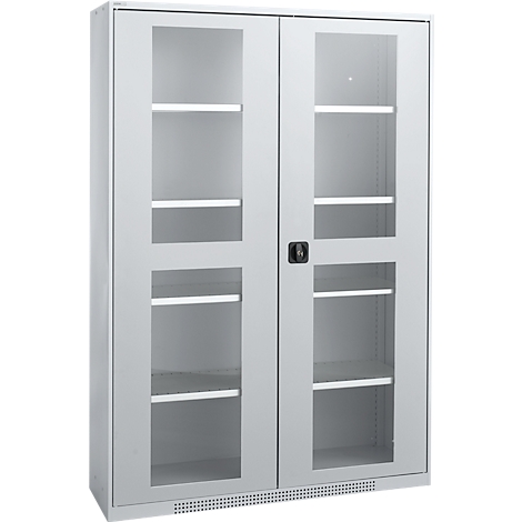 Gray cabinet with glass doors and shelves. Black handle, lower part with ventilation holes.