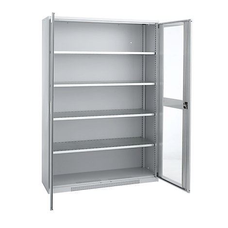 Gray steel cabinet with four shelves, one door open, the other closed.