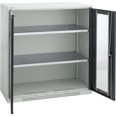 An open, light gray cabinet with three shelves. The right door is open.