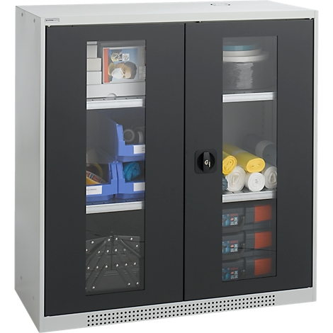 Cabinet with two glass doors, filled with items.