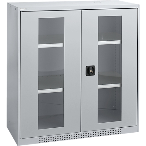 Grey cabinet with glass doors and shelves. A black door handle is in the middle.