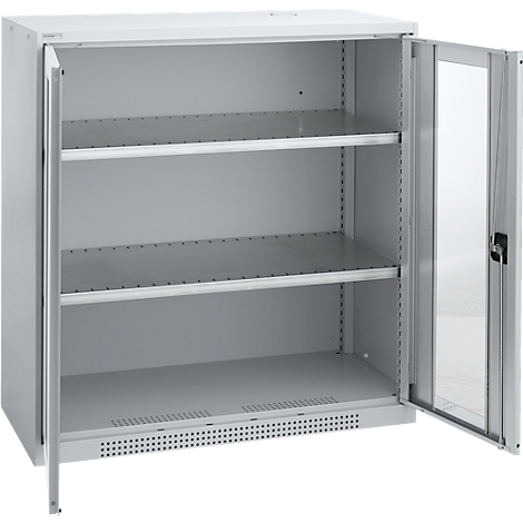 White steel cabinet, one door open, two shelves.