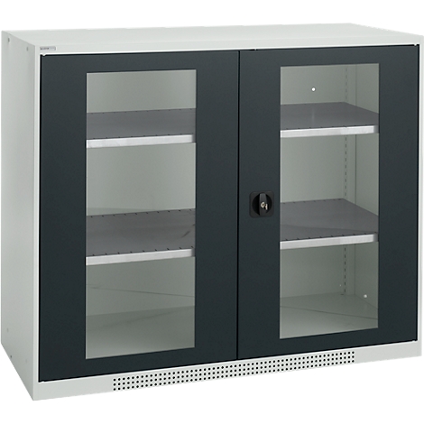 A white metal cabinet with two doors fitted with glass panels. Black frames surround the doors, inside are shelves.