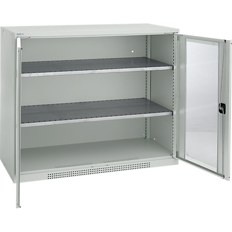 Grey steel cabinet, door open. Inside three gray shelves.