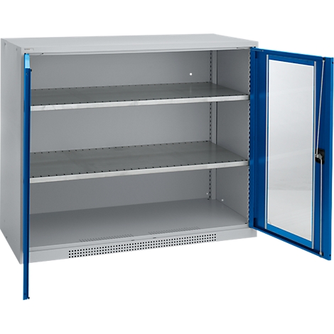 A gray steel cabinet, one door with glass and blue frames is open. Three shelves can be seen inside.