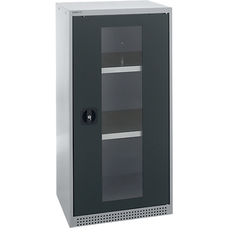 Gray cabinet with glass door and lock. Shelves can be seen inside.