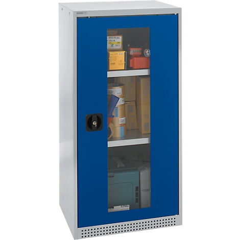 Steel cabinet with blue door and glass insert. Interior shelves filled with various items. Black handle with lock.