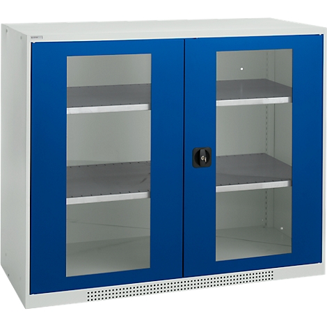 Cabinet with white frame and blue-framed glass doors. Gray shelves inside.