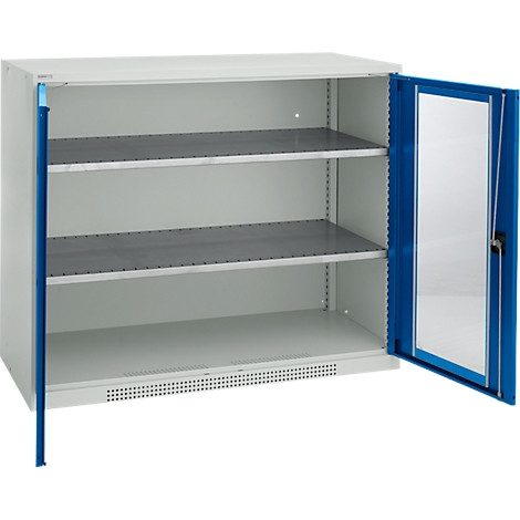Open white steel cabinet with blue door frame and glass insert. Three shelves inside. The door handle is black.