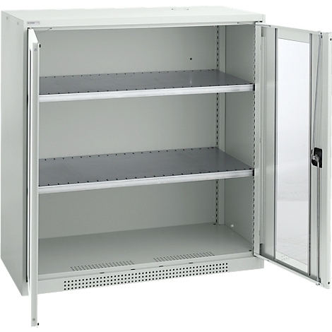 A white steel cabinet with two shelves, both doors are open.