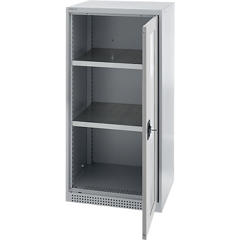 Grey steel cabinet with open door. Three shelves, door with window, next to it lock bracket.