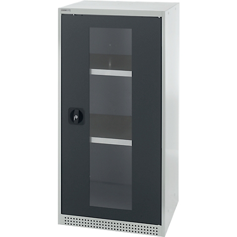 Grey cabinet with glass door. Inside are three shelves. There is a lock on the handle.