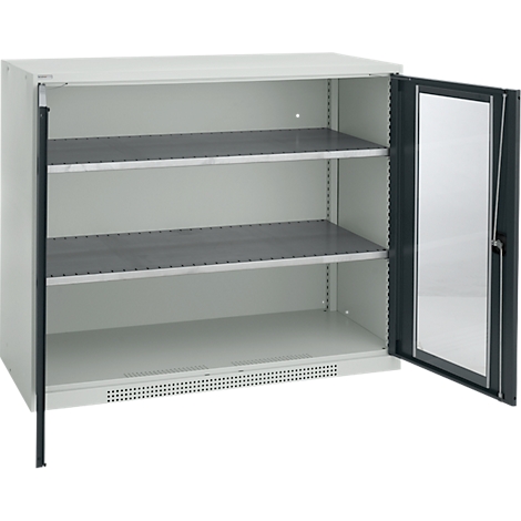 Grey steel cabinet with three shelves, one door open.