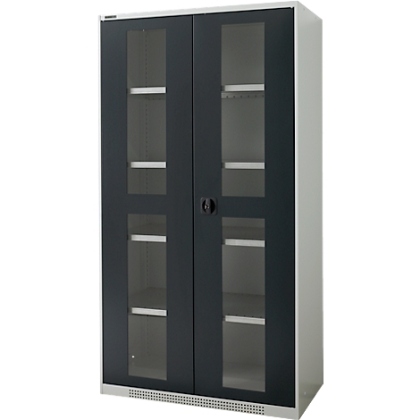 Metal cabinet with glass front, gray doors with a handle. Inside there are shelves.