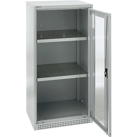 Gray cabinet with open glass door, showing shelves inside.