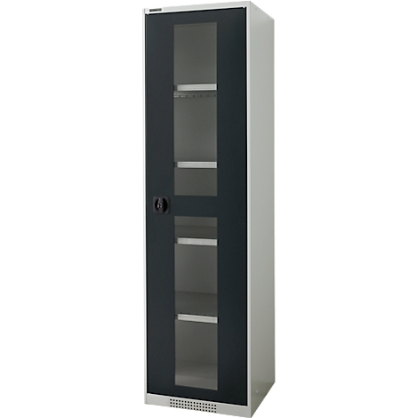 Gray cabinet with glass panel, black frame and handle. Several shelves can be seen inside.