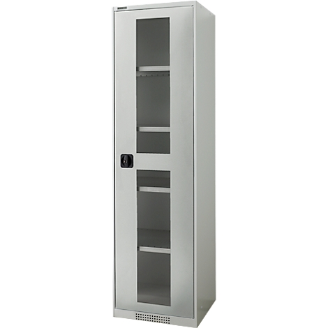 A grey filing cabinet with glass door and several shelves. Black door handle.