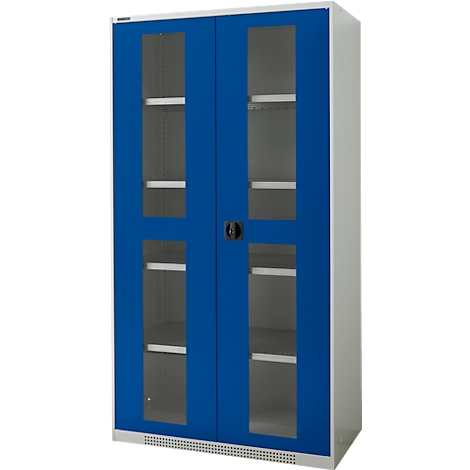 Blue cabinet with glass doors and white shelves. Black handle in the middle. Gray side walls.