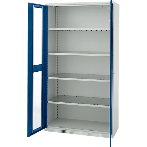 Open, empty filing cabinet with gray shelves and blue door frames.