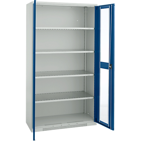 White and blue cabinet with an open door, showing shelves.