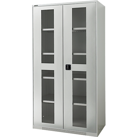 A gray cabinet with glass doors. Shelves can be seen inside. The door has a black handle.