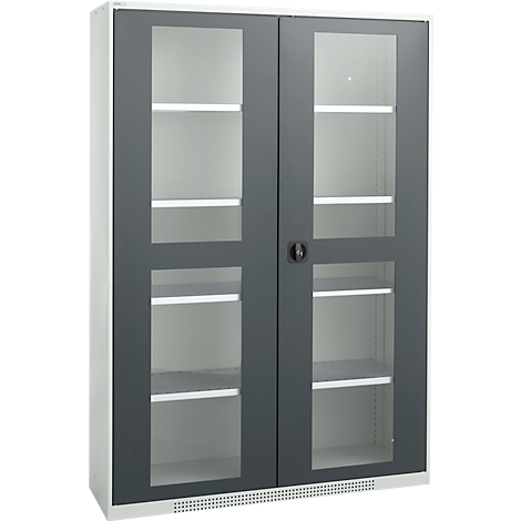 Gray filing cabinet with glass doors and multiple shelves.
