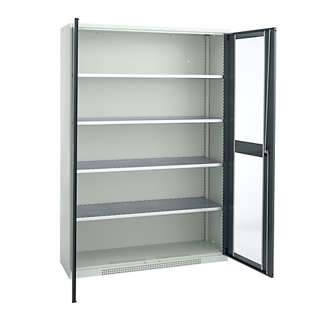 A gray cabinet with the doors open. Several shelves are visible inside.