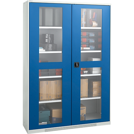 Blue cabinet with glass doors, filled with various items.