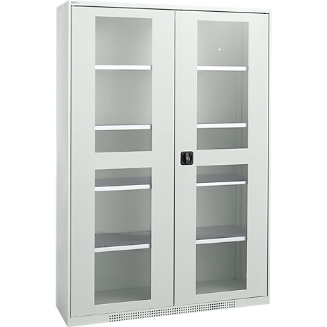 A white cabinet with glass doors, multiple shelves, and a black lock. The background is light gray.